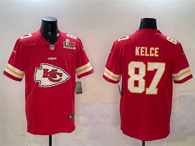 Mens Kansas City Chiefs #87 Travis Kelce Red 2025 Super Bowl LIX Patch Team Big Logo Vapor Limited Stitched Jersey
